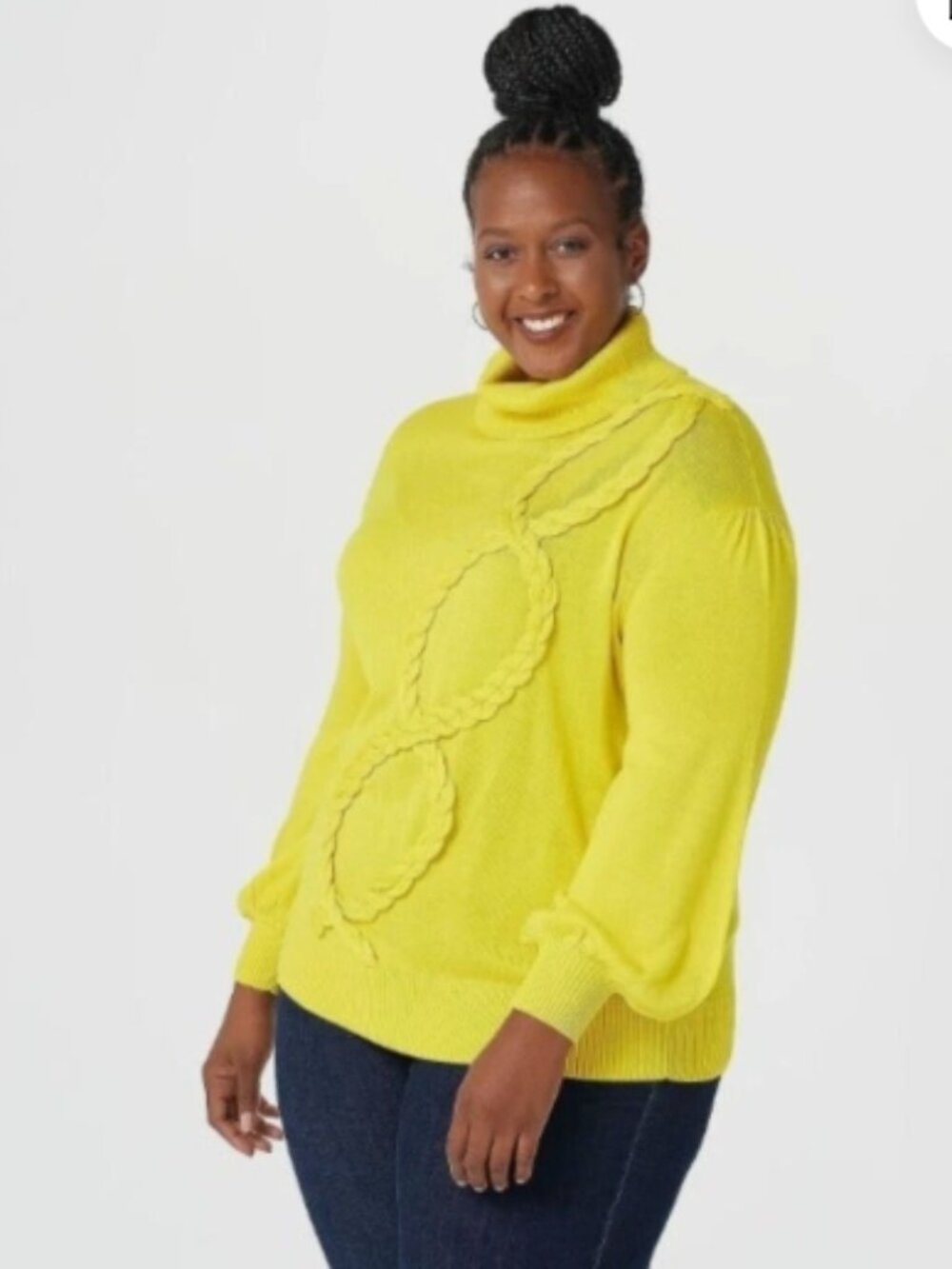 Laurie Felt Women’s L Yellow Braided Knit Sweater Turtleneck Balloon Sleeve